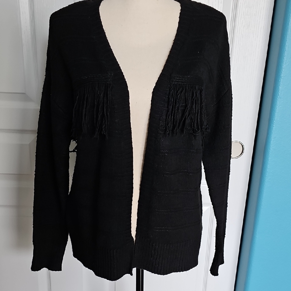 Black Fringe Open Cardigan Sweater